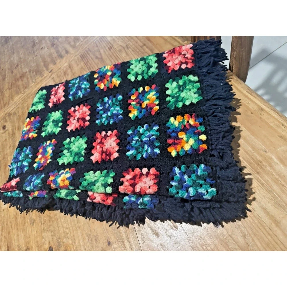 Vintage Handmade Granny Square Crochet Blanket Throw Black Multicolor Fr1nge
